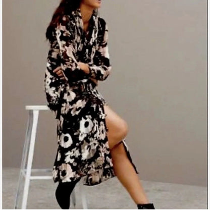 Banana‎ Republic Black Floral Tie Neck Shirt Dress - Large