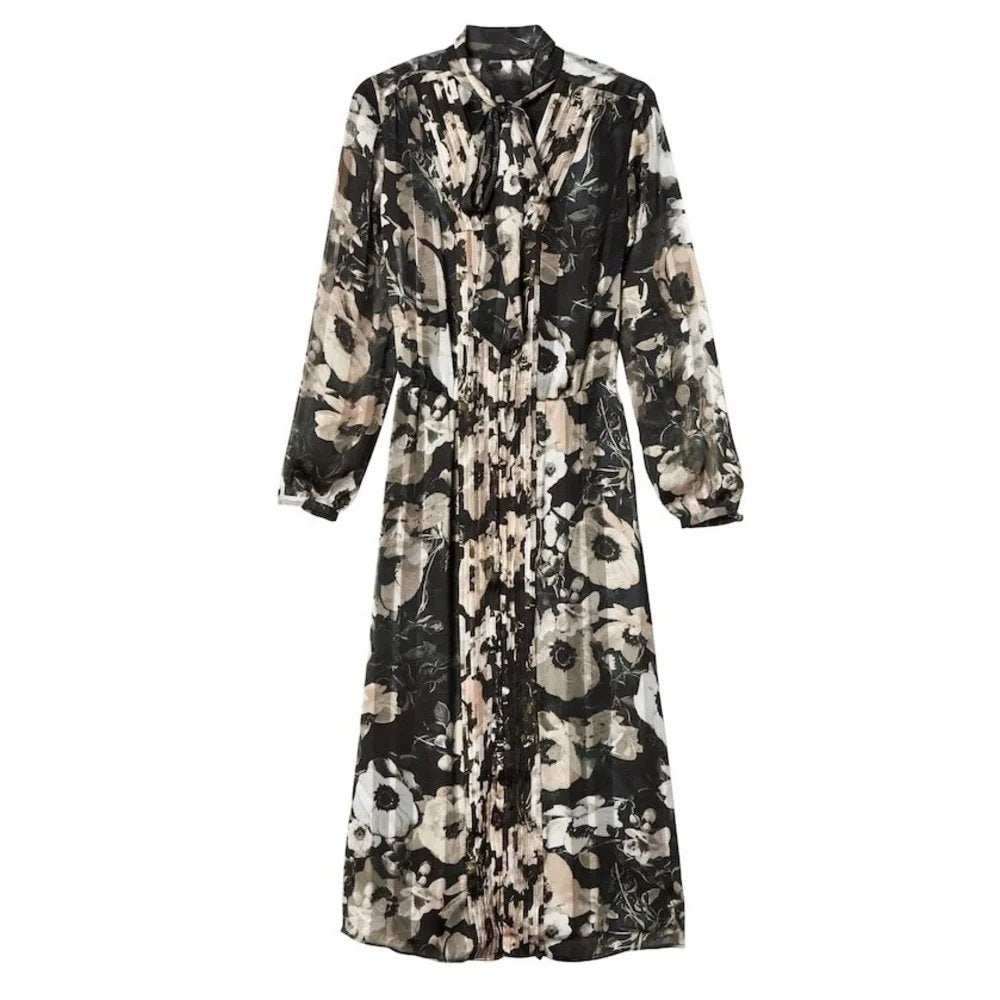 Banana‎ Republic Black Floral Tie Neck Shirt Dress - Large