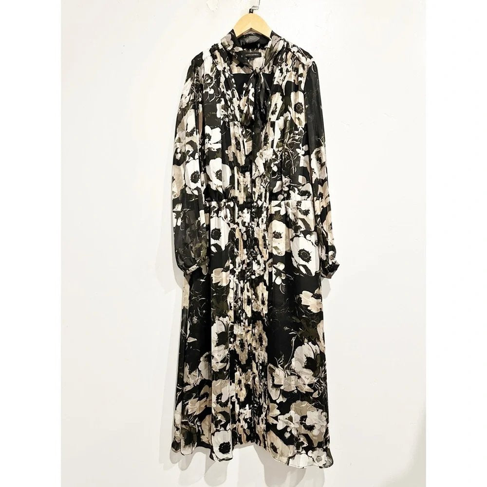 Banana‎ Republic Black Floral Tie Neck Shirt Dress - Large