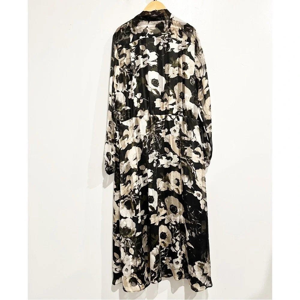 Banana‎ Republic Black Floral Tie Neck Shirt Dress - Large