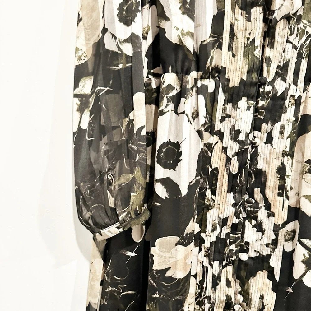 Banana‎ Republic Black Floral Tie Neck Shirt Dress - Large