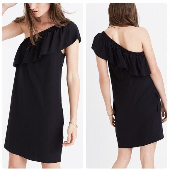 NWT Madewell Black Silk One Shoulder Ruffle Dress - 6