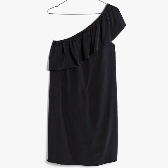 NWT Madewell Black Silk One Shoulder Ruffle Dress - 6