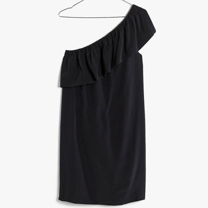 NWT Madewell Black Silk One Shoulder Ruffle Dress - 6