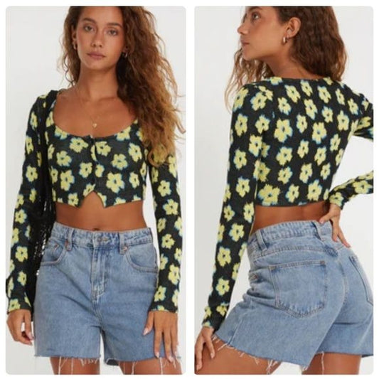 Motel Faline Crop Top In Cute Floral Black And Yellow Size Medium