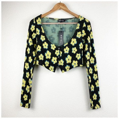 Motel Faline Crop Top In Cute Floral Black And Yellow Size Medium