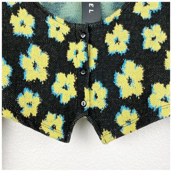 Motel Faline Crop Top In Cute Floral Black And Yellow Size Medium