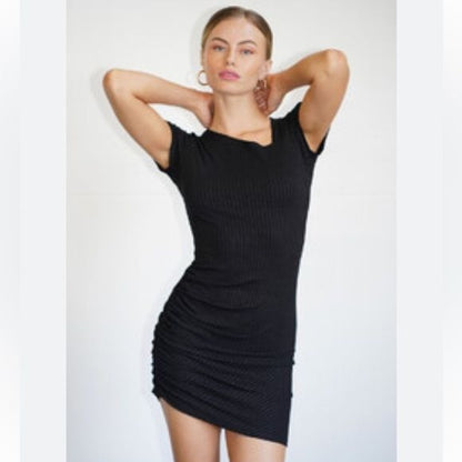 LNA Black Ribbed Asymmetric Ruched Dress Size Small