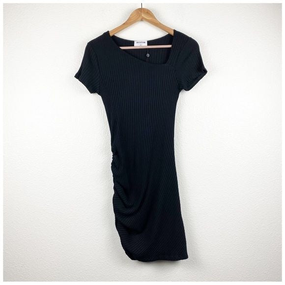 LNA Black Ribbed Asymmetric Ruched Dress Size Small